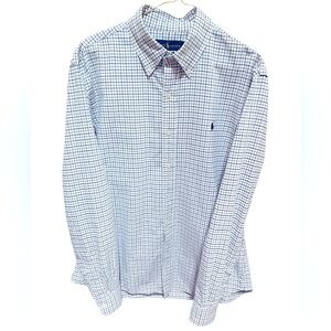 Navy Blue/Light Blue on White Background Plaid Shirt by Ralph Lauren.  Size = L